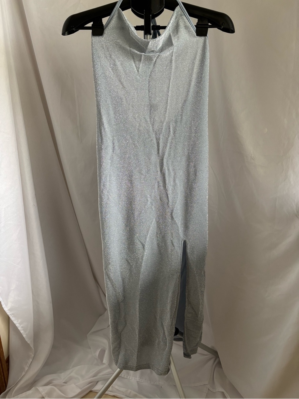 Shimmery Silver Cowl Neck Slip Dress with Side Slit